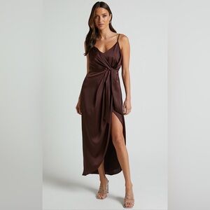 Showpo Brown Asymmetrical Knot Satin Dress (perfect bridesmaid or wedding guest)